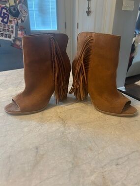 Dolce Vita Tan Suede Fringe Peep-Toe Ankle Boots